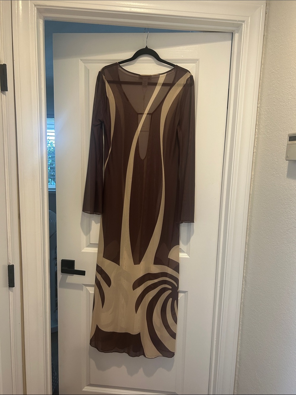 Caroline Constas Brown & Cream Long Sleeve V-neck Swim Coverup Maxi - Picture 9 of 9